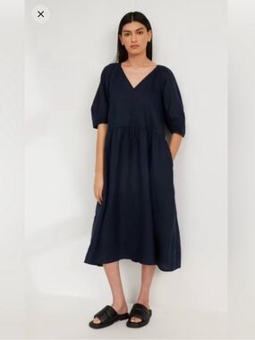 Everlane Linen Oversized Puff Sleeve Dress Navy size L